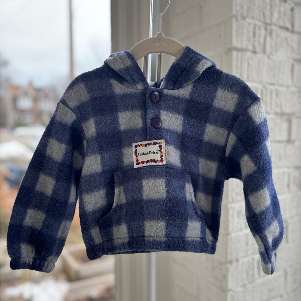 Vintage Fisher-Price Blue and White Checkered Baby Hoodie
